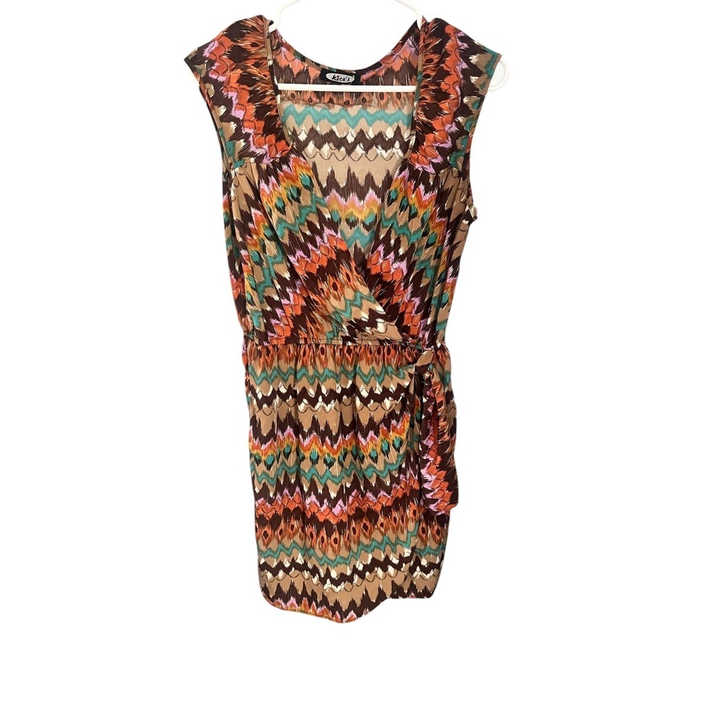 Kieu's Women's Chevron Ikat Faux Wrap Dress L Sleeveless Boho Mini USA Made